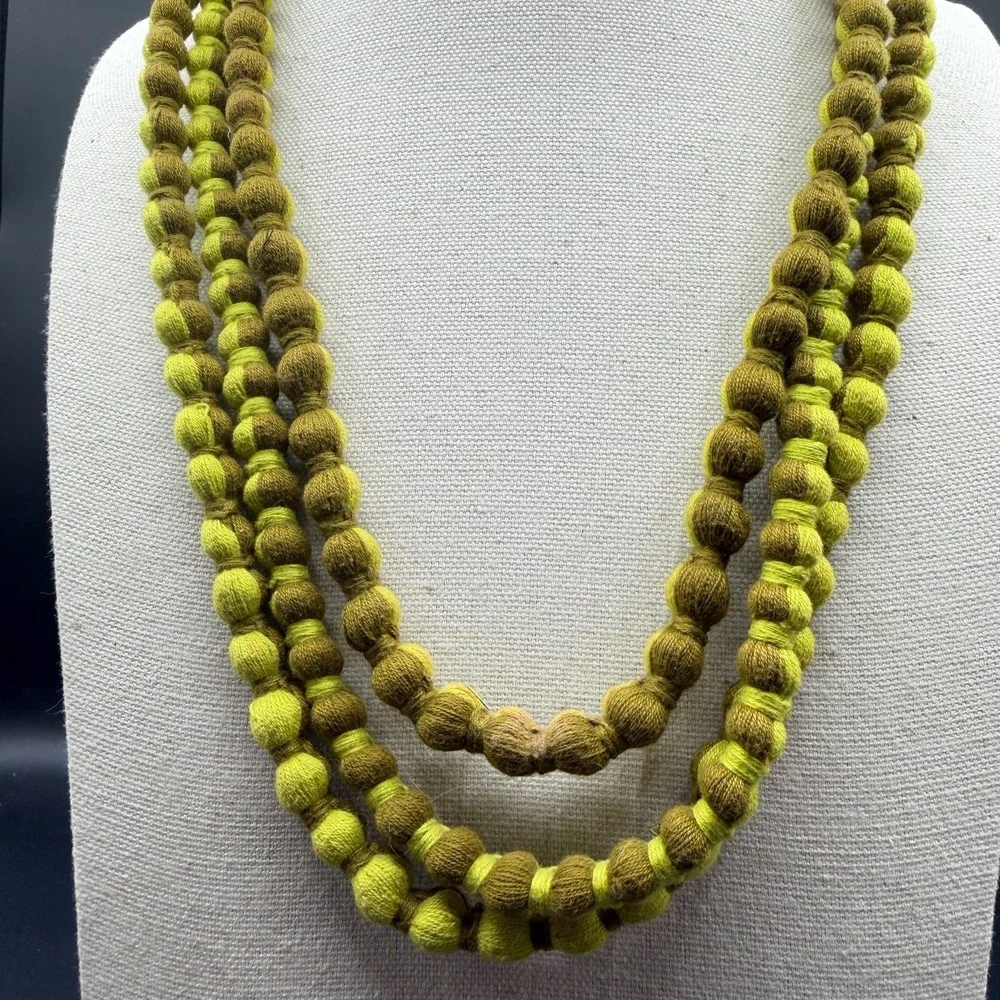 Green Ombre Tone Fabric Bead Necklace Multi Strand Knotted Statement Jewelry